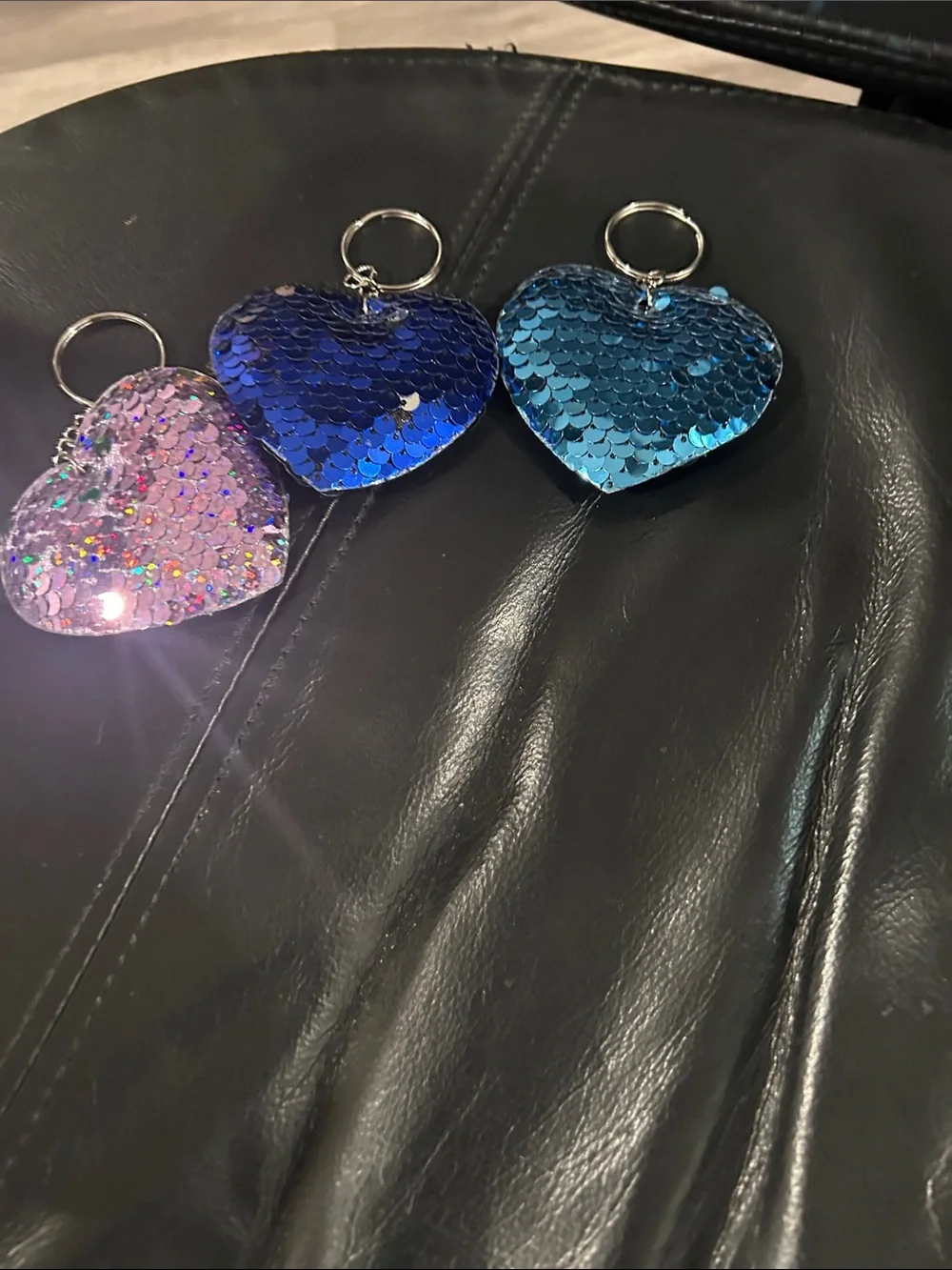 Sequin Heart Keychain Trio – Blue, Teal & Pink